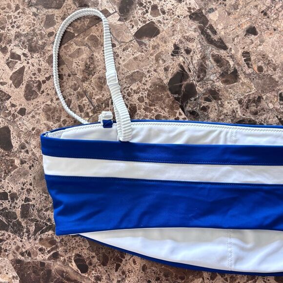 Aerie | Women’s Blue and White Bandeau Bikini Top White Ribbed Adjustable Straps - Picture 7 of 14